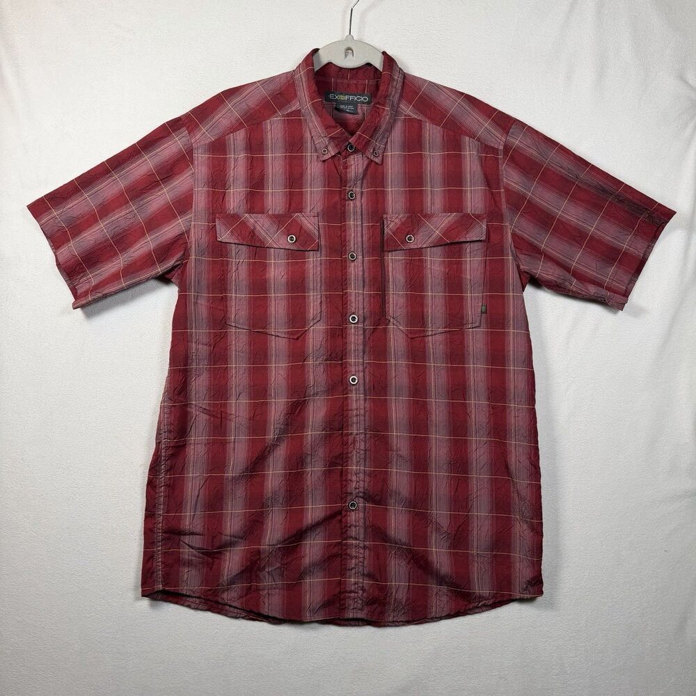 ExOfficio Mens L Short Sleeve Button Shirt Travel Hiking Vented Lightweight Red